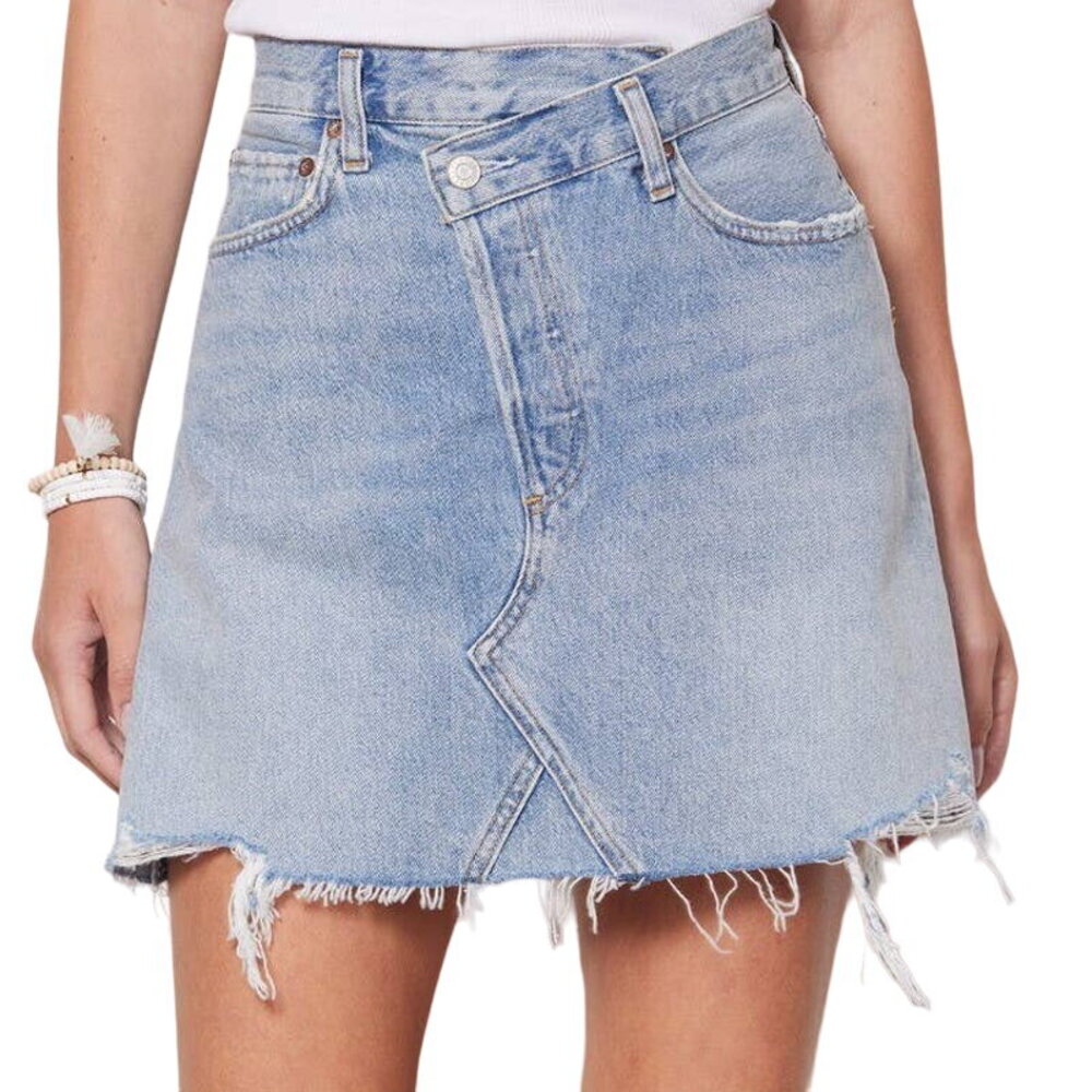 Agolde Light Blue Distressed Denim Mini Skirt